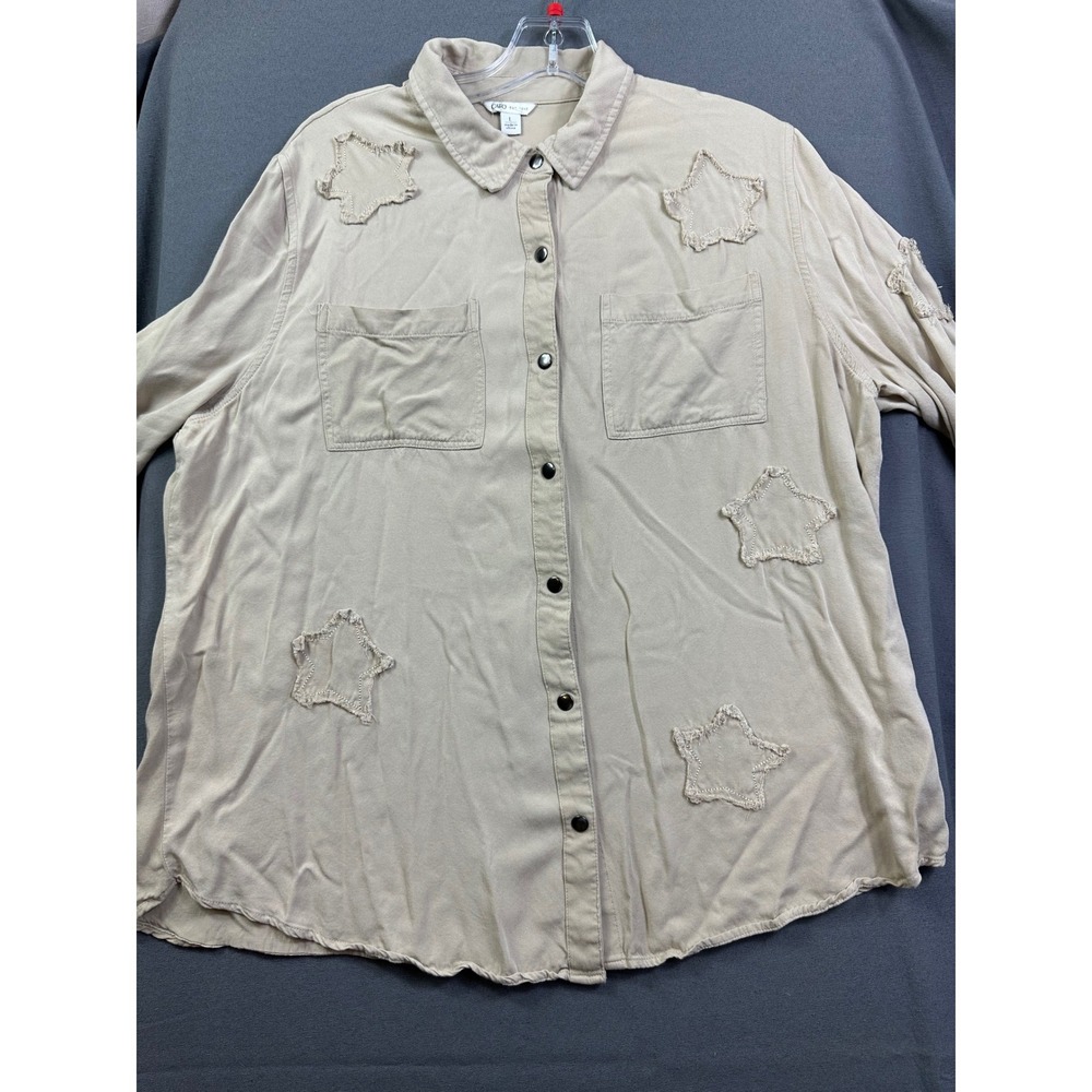 Cato Women's Tan Rayon Button Down Shirt Frayed Star Patches Khaki Large
